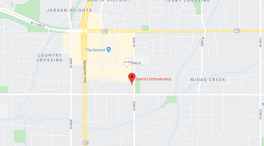 Map - District Orthodontics Genesis Dental and Orthodontics dentist near me, children's dentistry, pediatric dentistry, family dentisry, general dentistry, cosmetic dentistry, braces, metal braces, traditional braces, invisalign, clearcorrect, clear aligners, damon brackets, emergency dental dentistry, dental implant, implants, crown, crowns, cerec, filling, fillings, sealant, sealants, bond, bonding, frenectomy, gum recontouring, root planing, dentures, partial denture, full dentures, implant retained denture, cracked tooth, loose teeth, discolored tooth porcelain fillings, tooth-colored amalgam fillings, dental exam, xray, cleaning, cleanings, teeth whitening, zoom whitening, dentist open on saturday, dentist open on sunday, emergency dentist serving utah and kansas, serving SALT LAKE CITY, UT,TAYLORSVILLE, UT, SOUTH JORDAN, UT, OREM, UT, MAGNA, UT, WEST VALLEY CITY, UT, DISTRICT ORTHODONTICS UT, BRIGHT SMILES DENTAL UT, THANKSGIVING POINT, CENTRAL AVE DENTAL KS, OVERLAND PARK, KS