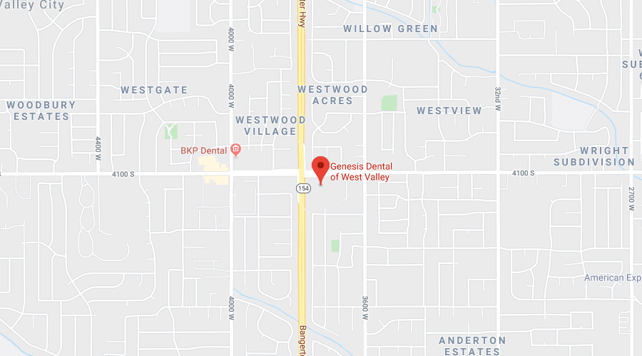 Map - West Valley Genesis Dental and Orthodontics dentist near me, children's dentistry, pediatric dentistry, family dentisry, general dentistry, cosmetic dentistry, braces, metal braces, traditional braces, invisalign, clearcorrect, clear aligners, damon brackets, emergency dental dentistry, dental implant, implants, crown, crowns, cerec, filling, fillings, sealant, sealants, bond, bonding, frenectomy, gum recontouring, root planing, dentures, partial denture, full dentures, implant retained denture, cracked tooth, loose teeth, discolored tooth porcelain fillings, tooth-colored amalgam fillings, dental exam, xray, cleaning, cleanings, teeth whitening, zoom whitening, dentist open on saturday, dentist open on sunday, emergency dentist serving utah and kansas, serving SALT LAKE CITY, UT,TAYLORSVILLE, UT, SOUTH JORDAN, UT, OREM, UT, MAGNA, UT, WEST VALLEY CITY, UT, DISTRICT ORTHODONTICS UT, BRIGHT SMILES DENTAL UT, THANKSGIVING POINT, CENTRAL AVE DENTAL KS, OVERLAND PARK, KS
