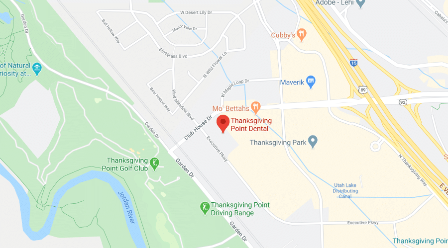 Map - Thanksgiving Point Dental Genesis Dental and Orthodontics dentist near me, children's dentistry, pediatric dentistry, family dentisry, general dentistry, cosmetic dentistry, braces, metal braces, traditional braces, invisalign, clearcorrect, clear aligners, damon brackets, emergency dental dentistry, dental implant, implants, crown, crowns, cerec, filling, fillings, sealant, sealants, bond, bonding, frenectomy, gum recontouring, root planing, dentures, partial denture, full dentures, implant retained denture, cracked tooth, loose teeth, discolored tooth porcelain fillings, tooth-colored amalgam fillings, dental exam, xray, cleaning, cleanings, teeth whitening, zoom whitening, dentist open on saturday, dentist open on sunday, emergency dentist serving utah and kansas, serving SALT LAKE CITY, UT,TAYLORSVILLE, UT, SOUTH JORDAN, UT, OREM, UT, MAGNA, UT, WEST VALLEY CITY, UT, DISTRICT ORTHODONTICS UT, BRIGHT SMILES DENTAL UT, THANKSGIVING POINT, CENTRAL AVE DENTAL KS, OVERLAND PARK, KS